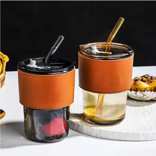Glass Tumbler with Lid Silicon Straw Leather Sleeve Coffee Tea Milk Mug