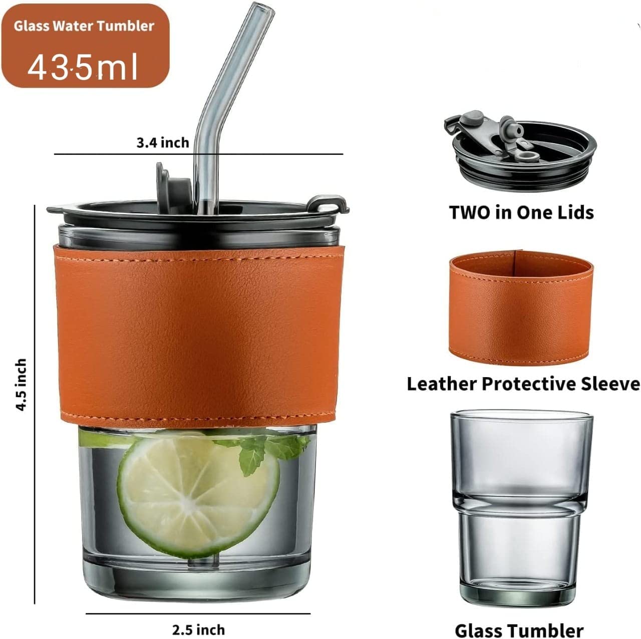 Glass Tumbler with Lid Silicon Straw Leather Sleeve Coffee Tea Milk Mug